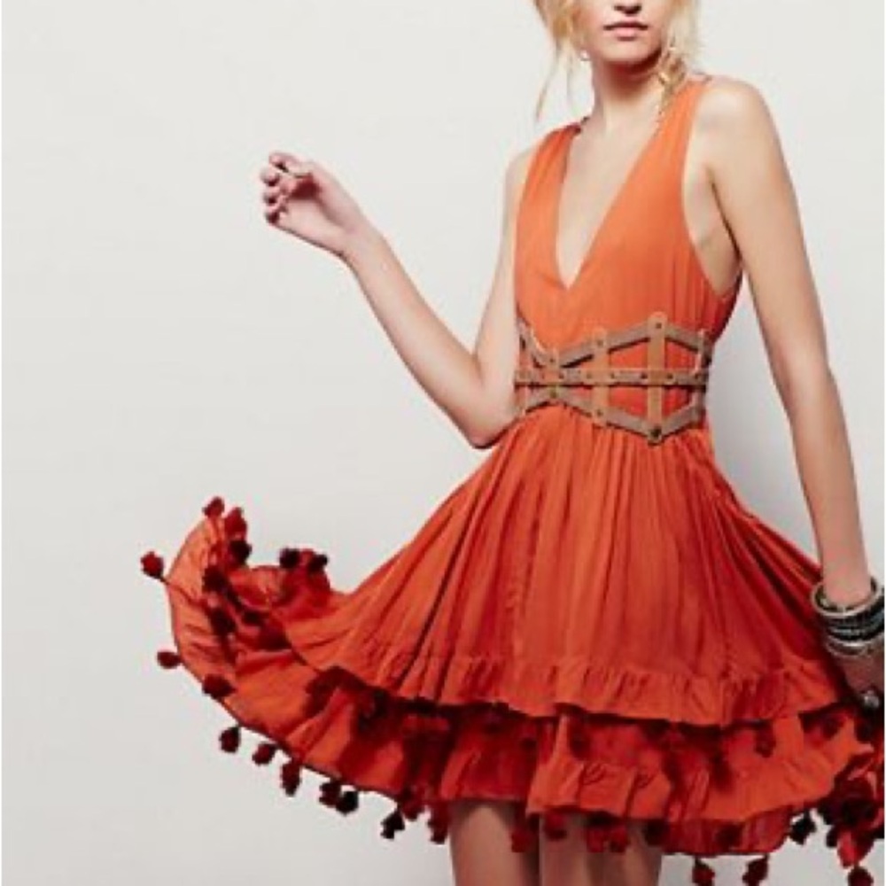 Orange Pom-Pom Tiered V-Neck Dress